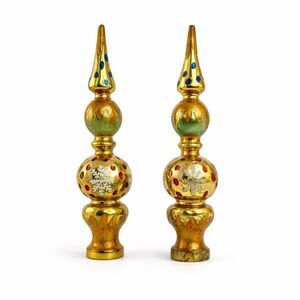 Vintage 10" Solid Brass Decorative Finials Pair - Hand Painted Mid Century